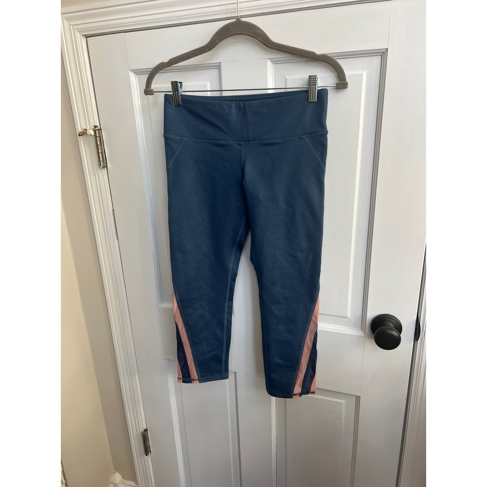 Alo Yoga blue cropped leggings with pink mesh chevron sheer stripes small